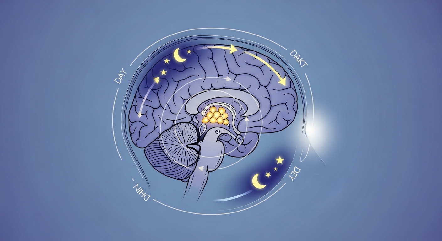 Ilustração do cérebro e do ciclo circadiano relacionado à melatonina