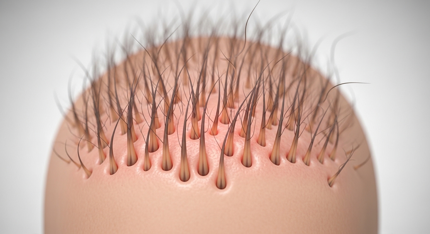 Ilustração do couro cabeludo mostrando queda de cabelo relacionada ao estresse