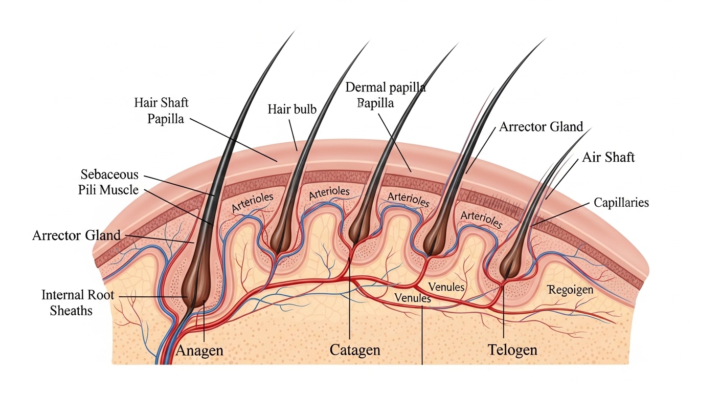 Ilustração anatômica do couro cabeludo mostrando o folículo piloso